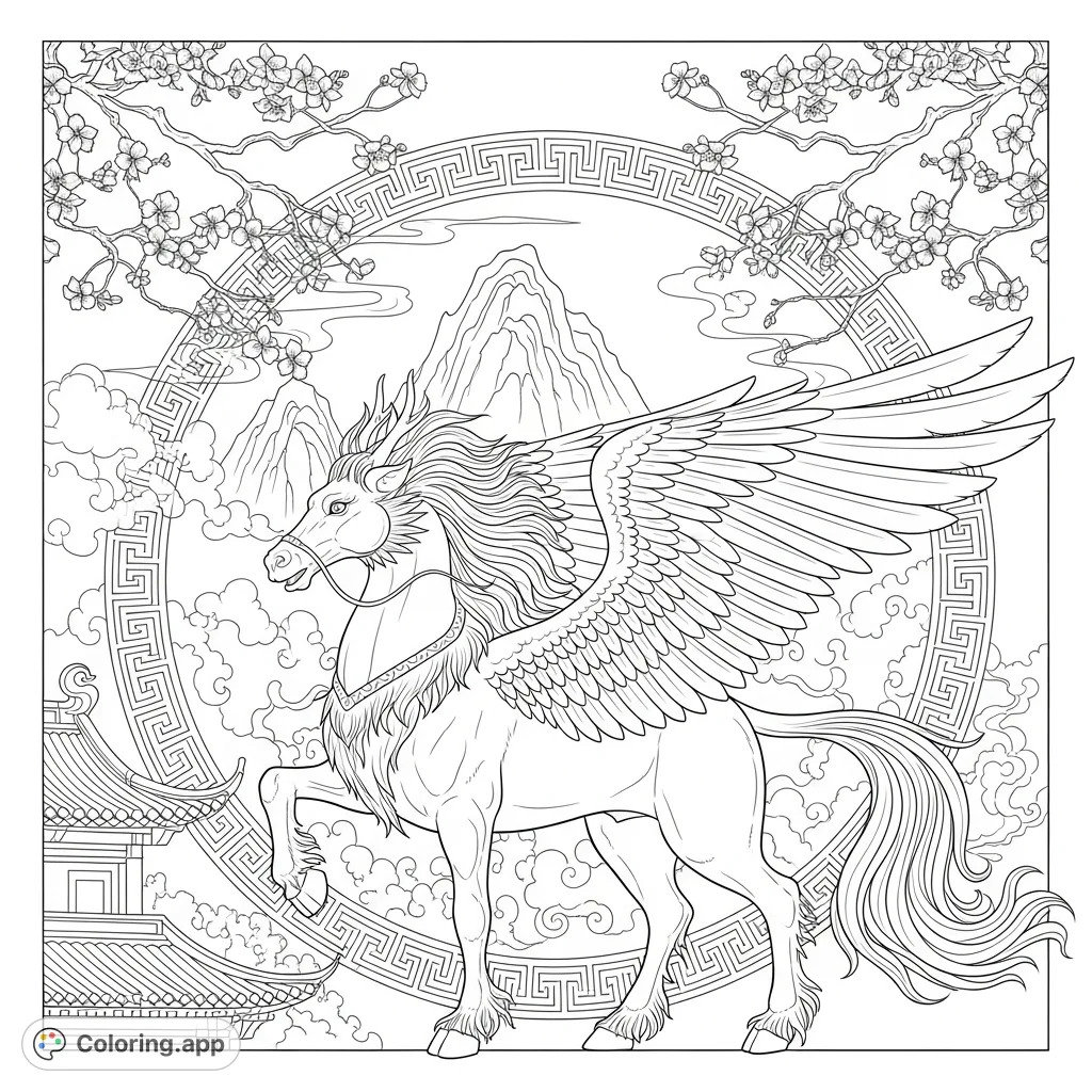 Unleash your creativity with this majestic Longma coloring page, featuring a detailed winged dragon-horse within an ornate geometric border, set against a serene mountain landscape and cherry blossoms.