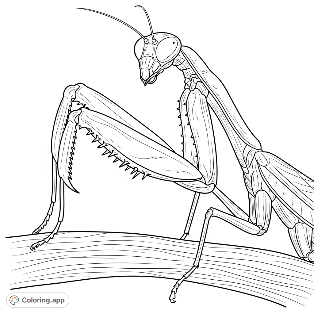 Explore the intricate details of a praying mantis's formidable raptorial foreleg, featuring sharp spikes, serrated edges, and a textured plant stem. A detailed insect coloring page.