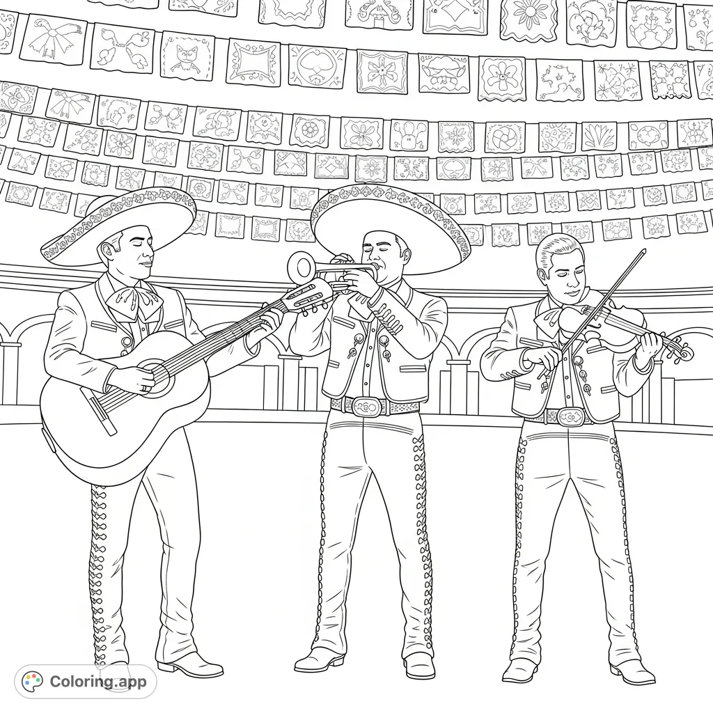 A lively mariachi band, featuring guitar, trumpet, and violin musicians in traditional charro suits, performs in a festive plaza adorned with banners.