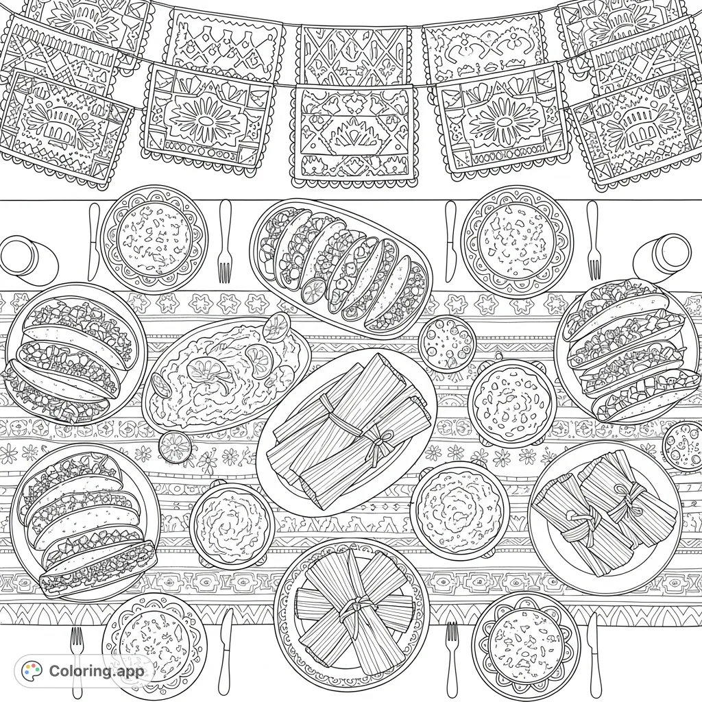 An overhead scene of a vibrant Mexican fiesta table, brimming with tacos, tamales, guacamole, and salsa, all set on patterned plates and a detailed tablecloth.