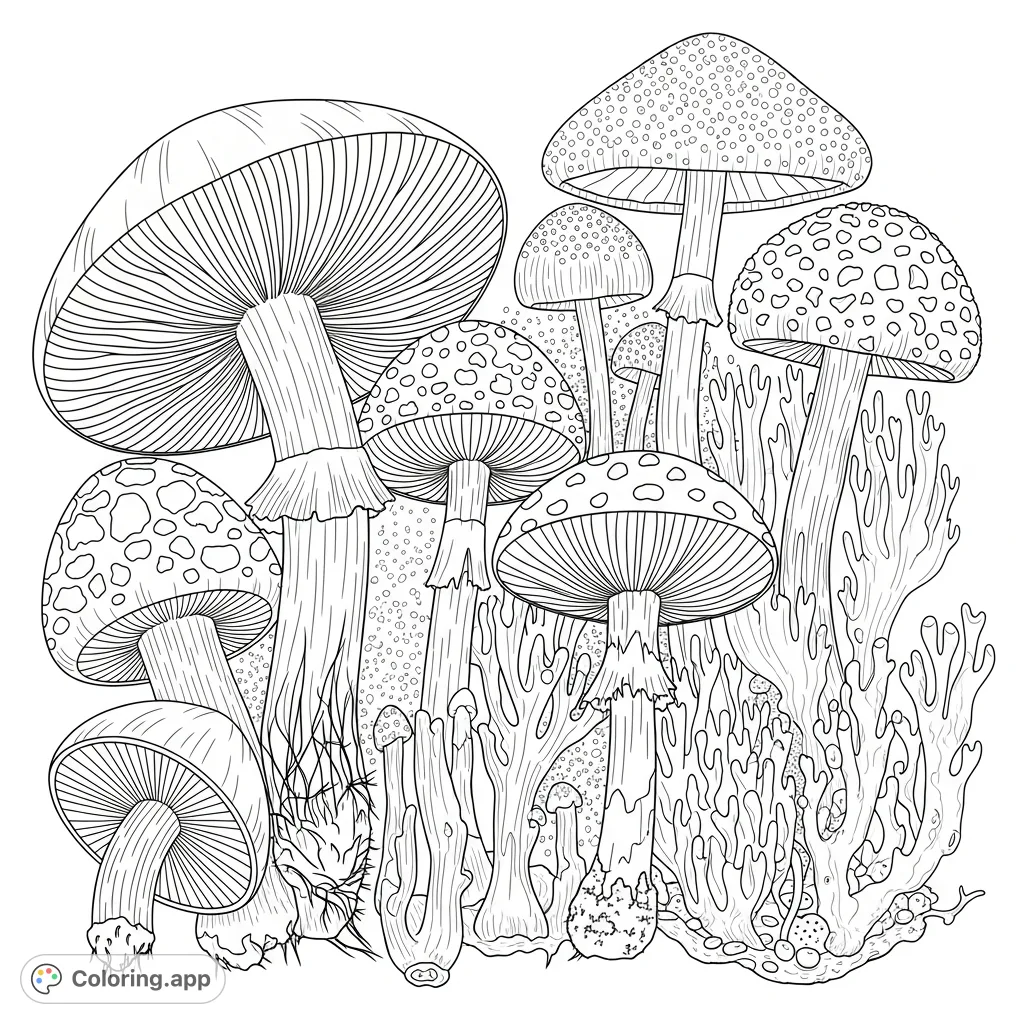 Explore the hidden beauty of the fungal world with this intricate coloring page, showcasing detailed macro views of mushrooms and fungi patterns.