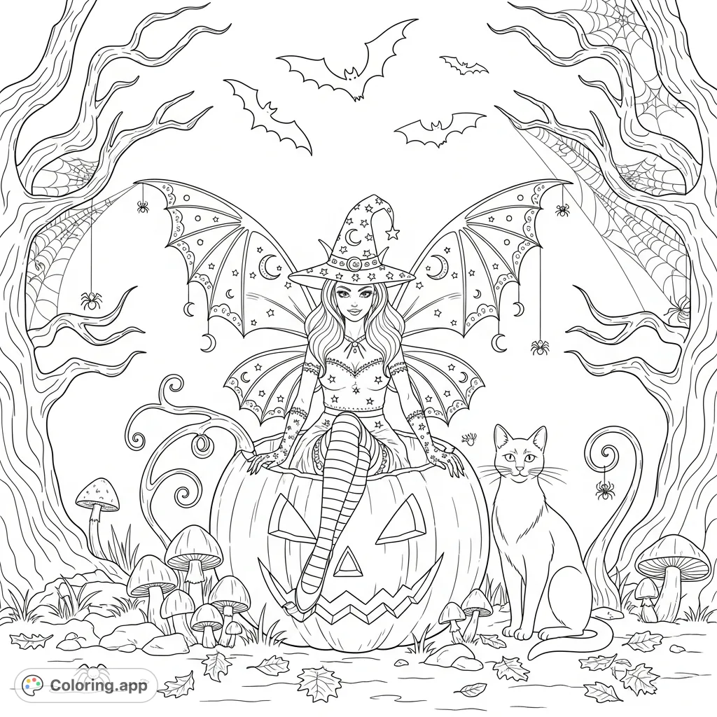 An intricately detailed mischievous fairy rests inside a carved jack-o-lantern, surrounded by a spooky forest clearing, bats, and a companion cat.