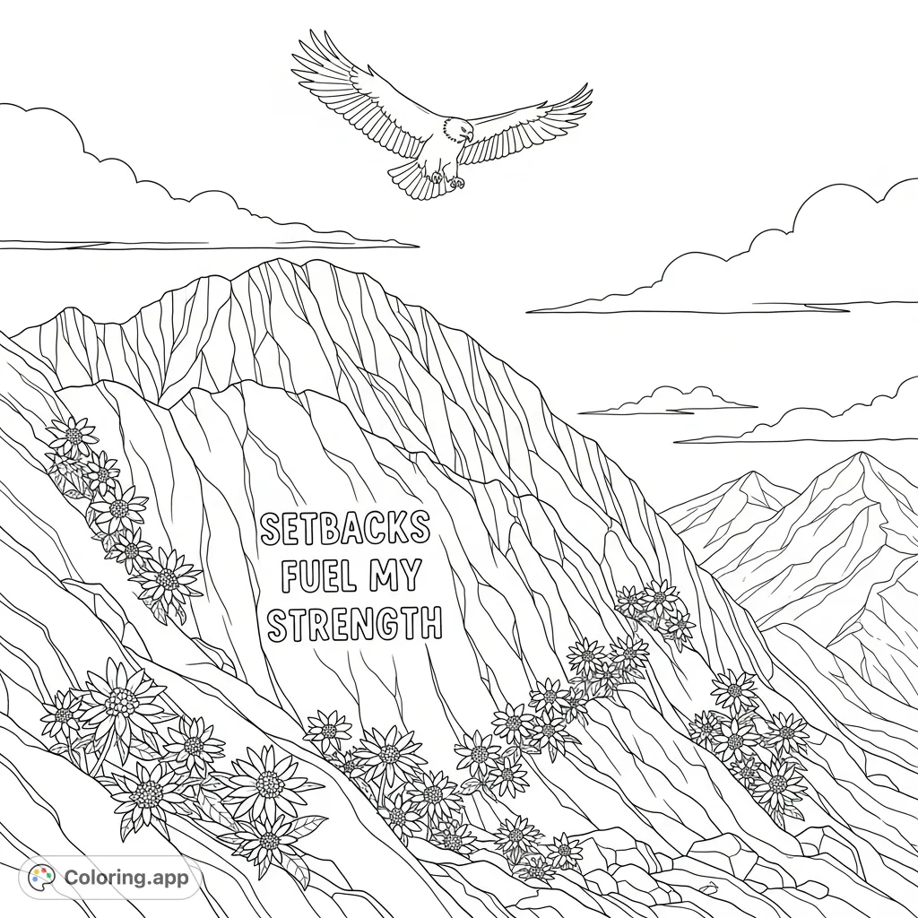 Inspiring mountain landscape with an affirmation sculpted into rock, hardy alpine flowers, and a majestic eagle soaring above. Perfect for reflection.