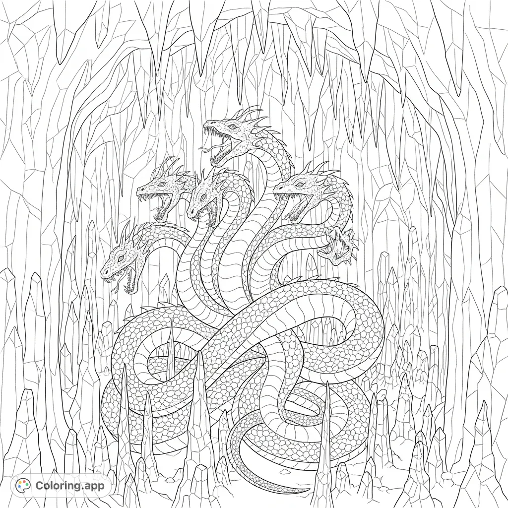 An epic hydra coiled within a vast crystal cavern, its heads rearing amidst glistening stalagmites and shimmering crystal veins. A fantasy challenge!