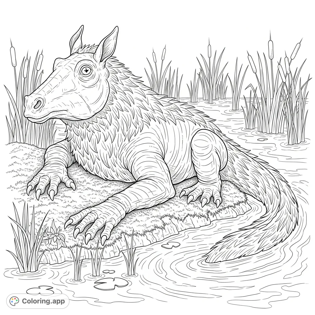 Explore the depths with this Bunyip coloring page! A mythical amphibious creature emerges from a waterhole, featuring a horse-like head and shaggy fur.
