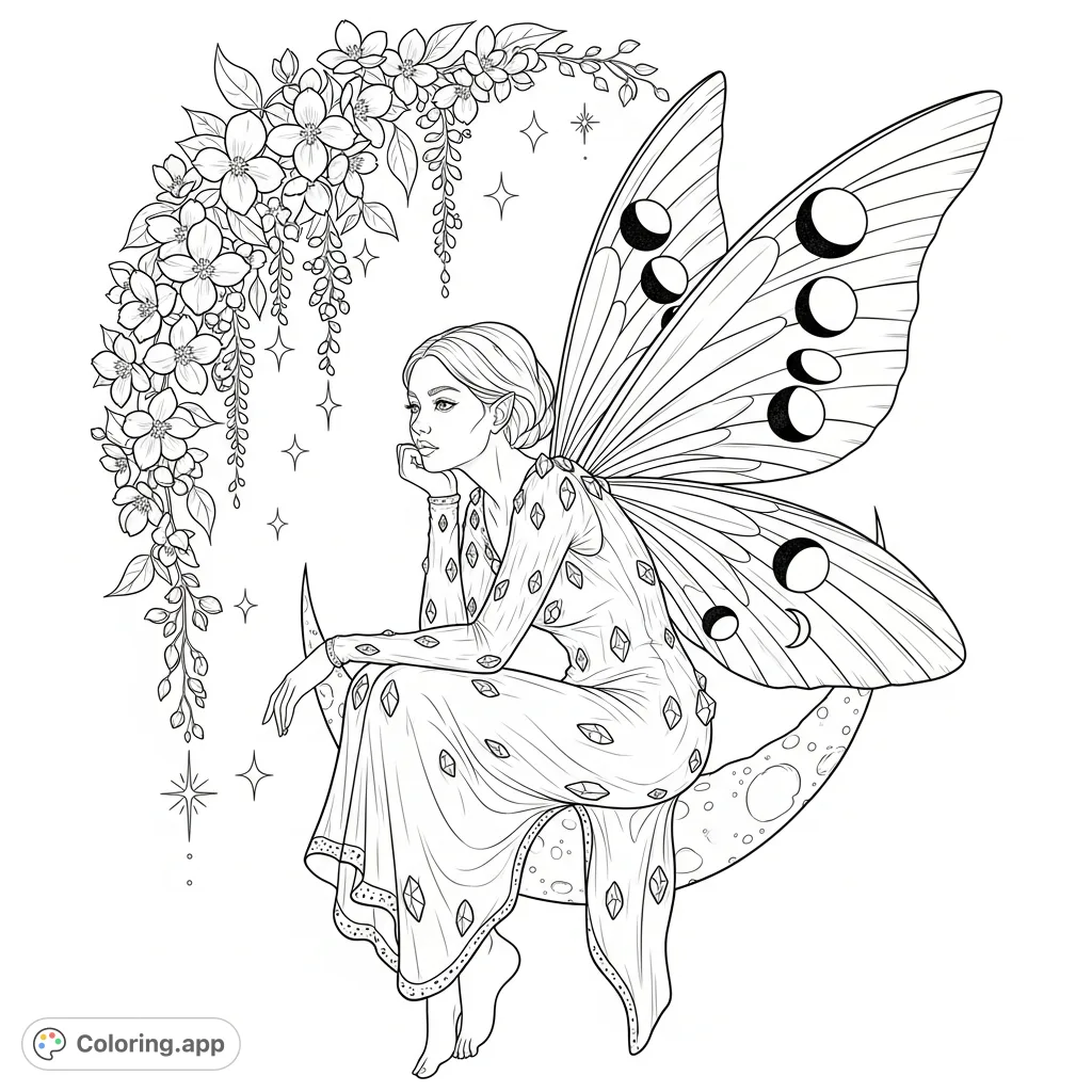 A beautiful moon fairy rests on a crescent, adorned with crystal-like elements and delicate moth wings showing lunar phases, framed by jasmine and starlight.