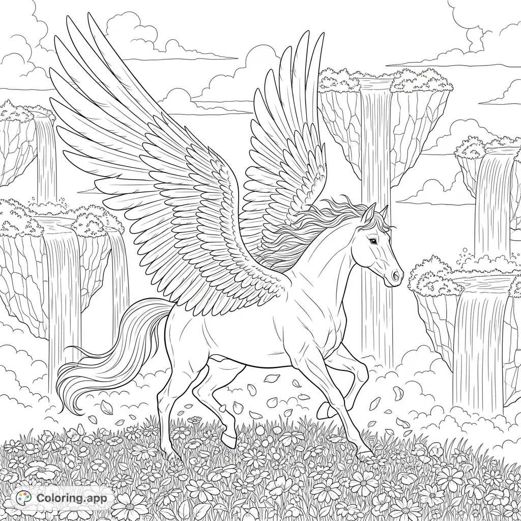 A majestic pegasus with powerful wings gallops across a wildflower field on a floating island, surrounded by cascading waterfalls from mystical islands.
