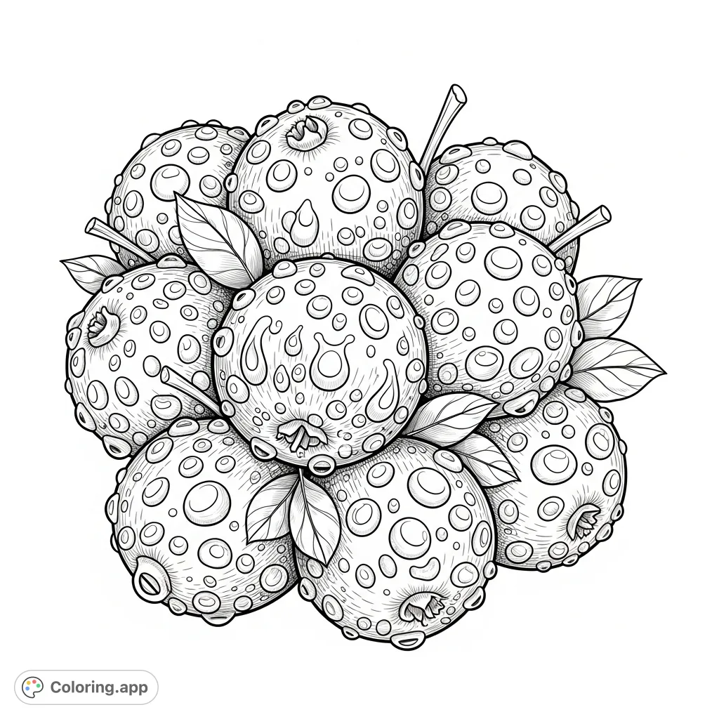 Explore a detailed blueberry coloring page featuring a tight cluster of plump berries, each adorned with glistening water droplets. Perfect for relaxation and creative expression.