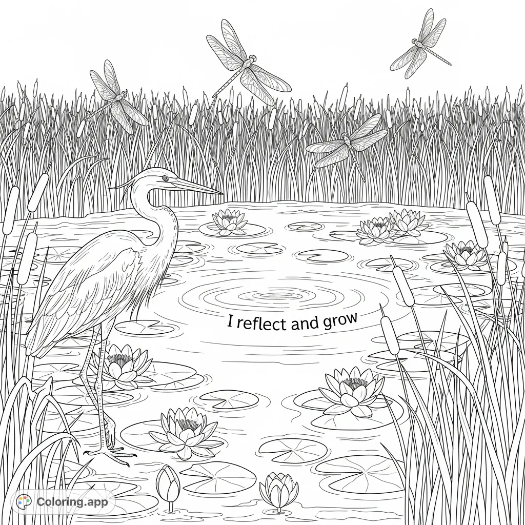 Discover tranquility with this serene pond scene featuring a graceful heron, water lilies, and dragonflies. An affirmation gently ripples on the surface.