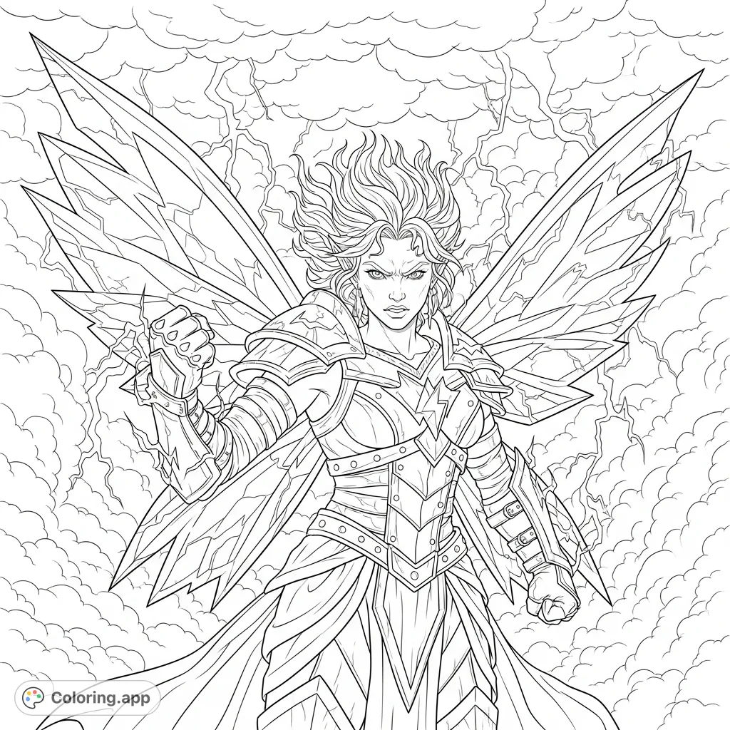 Unleash your creativity with this dynamic storm fairy coloring page, featuring a powerful figure amidst turbulent clouds and crackling lightning.