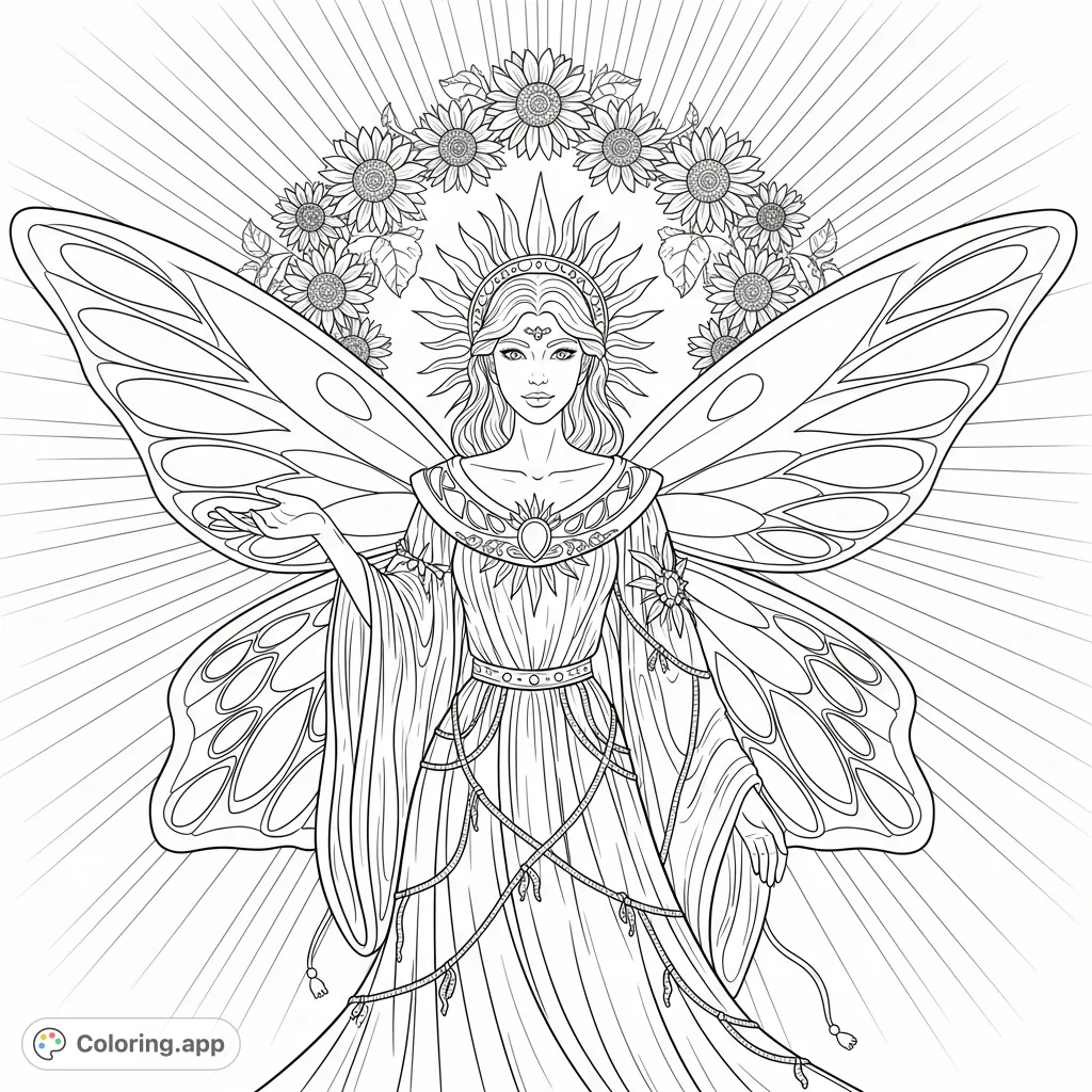 Immerse yourself in the magic of a radiant sun fairy, her butterfly-inspired wings and sunflower halo illuminating a scene of warmth and wonder.
