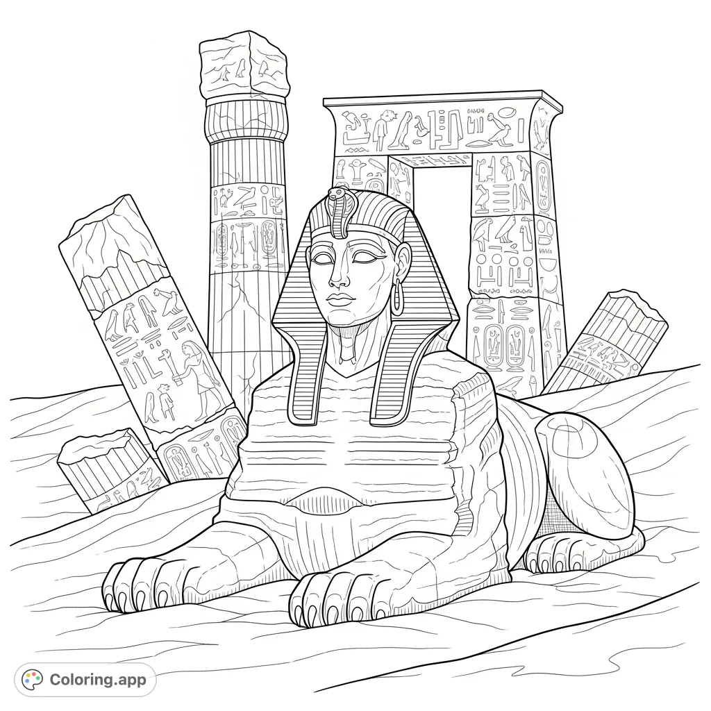 Uncover ancient mysteries with this detailed sphinx coloring page. A majestic creature guards crumbling ruins and eroded carvings, perfect for history lovers.