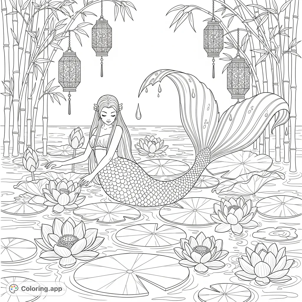 Discover a tranquil mermaid coloring page featuring a regal mermaid with an elegant tail, delicate lotus flowers, and ornate lanterns in a serene pond setting.