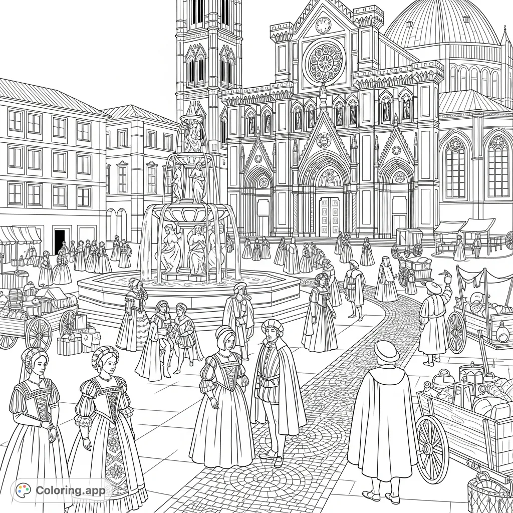 Step into a bustling European Renaissance city plaza, featuring detailed figures, a grand cathedral, and a central fountain. A historical coloring adventure!