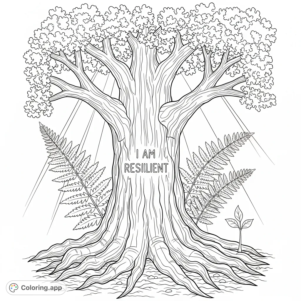 A majestic oak tree with "I am resilient" inscribed on its rugged bark, surrounded by delicate ferns and a determined sprout. A powerful nature coloring page.