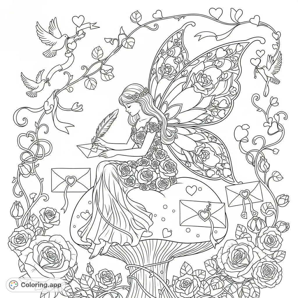 Discover a romantic fairy on a heart mushroom, writing letters amidst rose petal wings, floral gowns, doves, and intricate heart-shaped vines. A detailed fantasy escape.