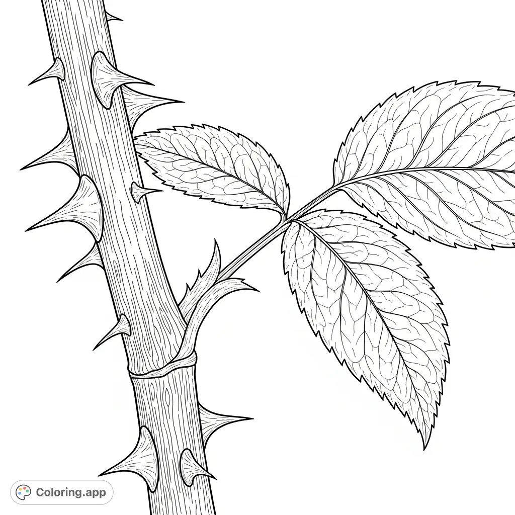 Explore the intricate details of a rose stem, featuring sharp thorns, a textured surface, and a partially unfurled leaf with serrated edges and prominent veins.