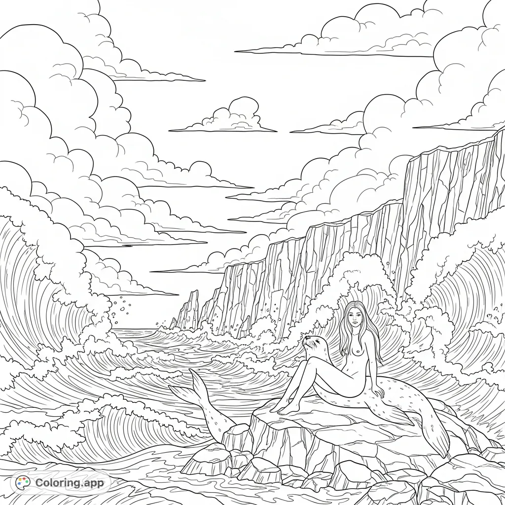 Discover a selkie in human form on a wave-battered rock, observing a powerful, stormy sea. Features dramatic cliffs and brooding clouds.