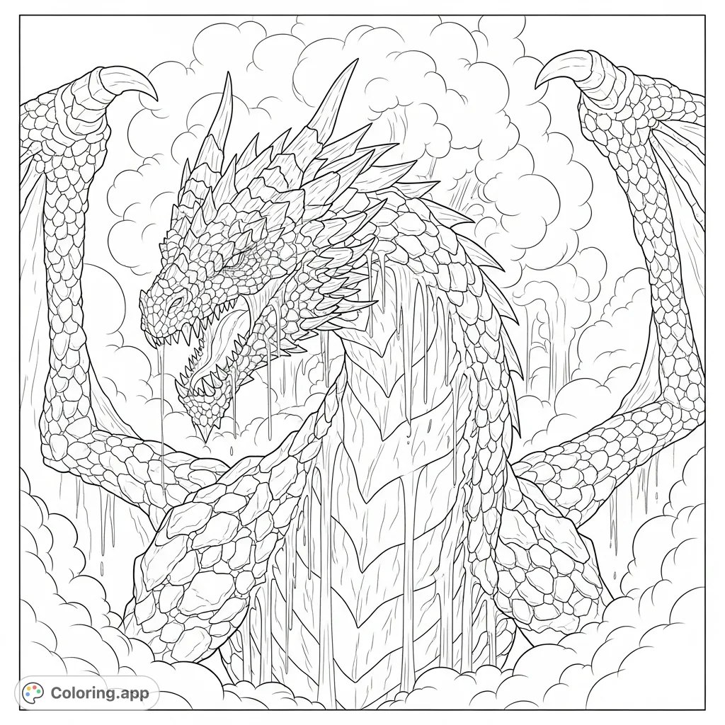 Witness a majestic volcanic dragon, its body alight with glowing streams of molten material, set against a backdrop of swirling ash clouds. A thrilling fantasy coloring page.