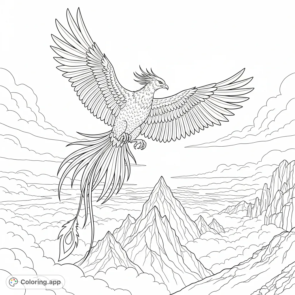A magnificent phoenix with sweeping tail feathers soars high above jagged mountain peaks and swirling clouds, capturing the essence of flight and freedom.