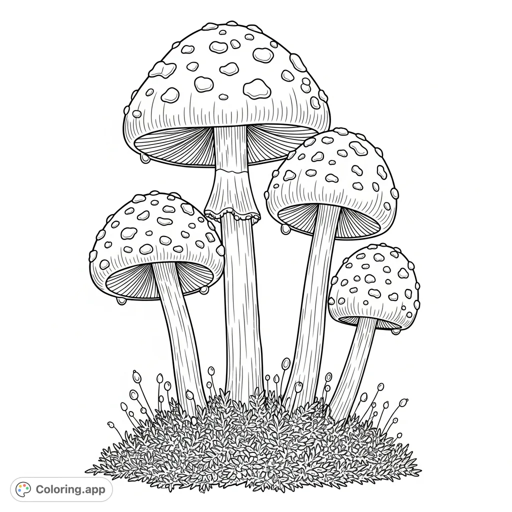 Discover a charming spotted mushroom cluster emerging from soft moss. Perfect for nature lovers, this detailed page offers a delightful coloring experience.