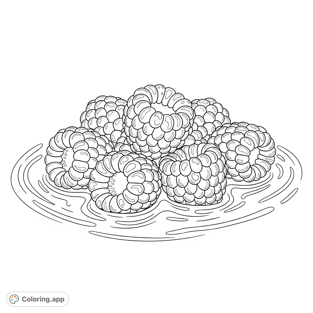 A detailed coloring page featuring a handful of fresh, ripe raspberries partially submerged in liquid, with glistening drupelets and subtle ripples.