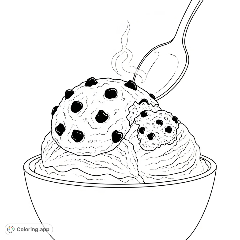 Indulge in this delightful ice cream coloring page featuring a spoon poised over vanilla ice cream with melting chocolate chip cookie dough. Perfect for all ages!