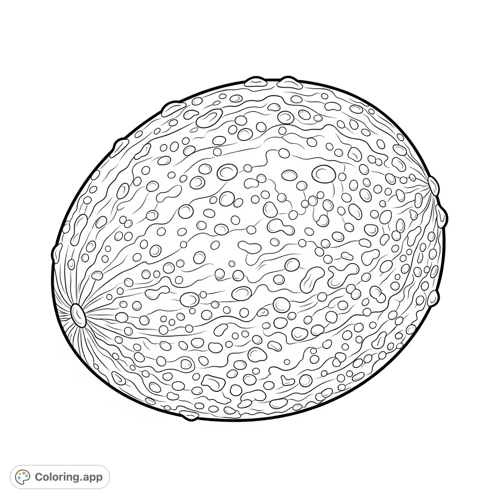 A detailed coloring page of a single passion fruit with deeply wrinkled skin and glistening condensation beads, perfect for exploring intricate textures.