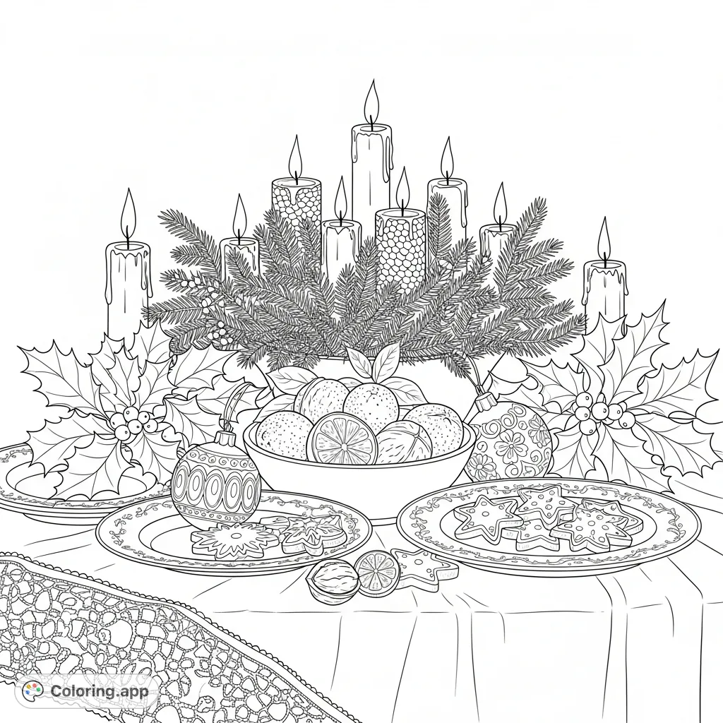 An intricate antique Christmas still-life coloring page featuring a table spread with oranges, walnuts, gingerbread, Victorian ornaments, pine bough, and lace.