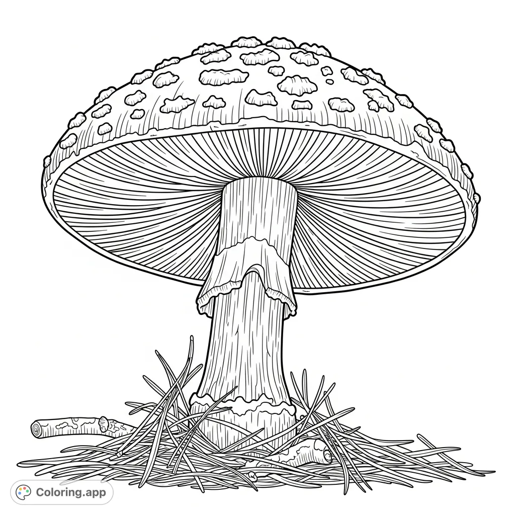 Explore the intricate details of a warty mushroom from a low-angle perspective, complete with a textured cap, sturdy stem, and radiating gills. A nature-themed coloring page.