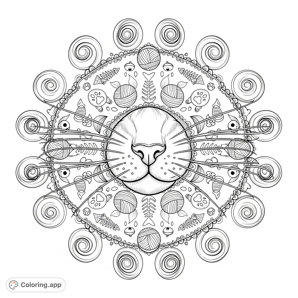 Immerse yourself in a whimsical cat whisker mandala. Elegant whiskers radiate from a stylized cat nose, intricately adorned with paw prints, yarn, and delicate lace patterns. A detailed coloring page for creative expression.