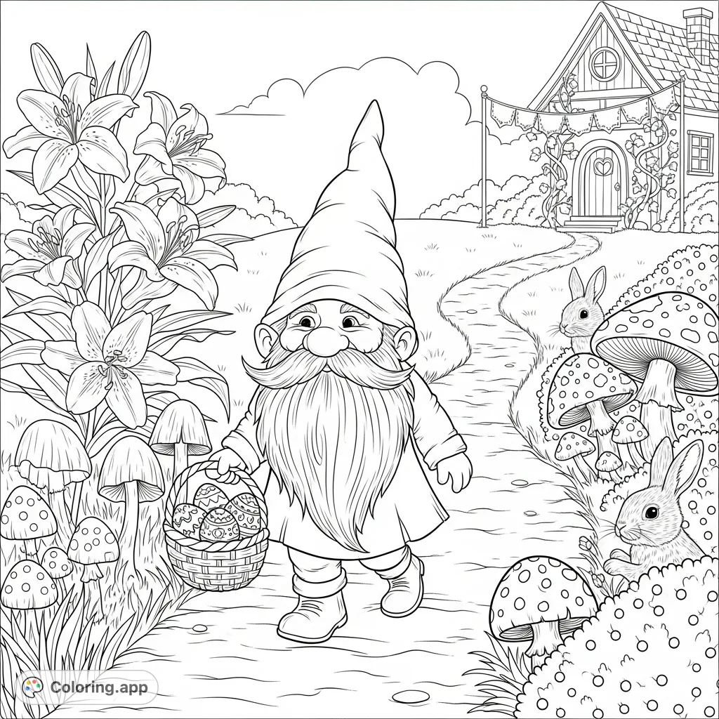 A charming gnome with a flowing beard and floppy hat carries an overflowing basket of decorated Easter eggs, watched by curious bunnies on a winding path to a quaint cottage.