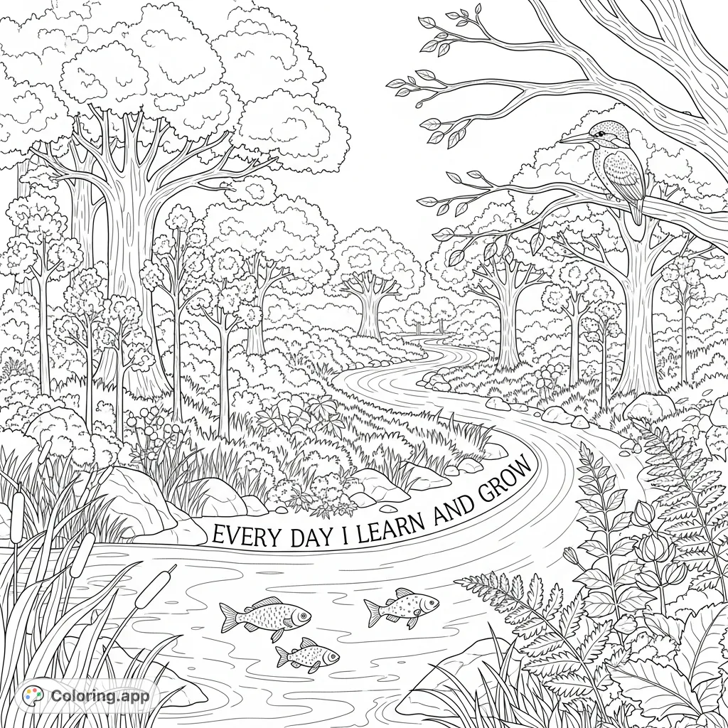 Explore a serene landscape with a winding river, lush plants, and a kingfisher. The affirmation "Every day I learn and grow" promotes a positive mindset.