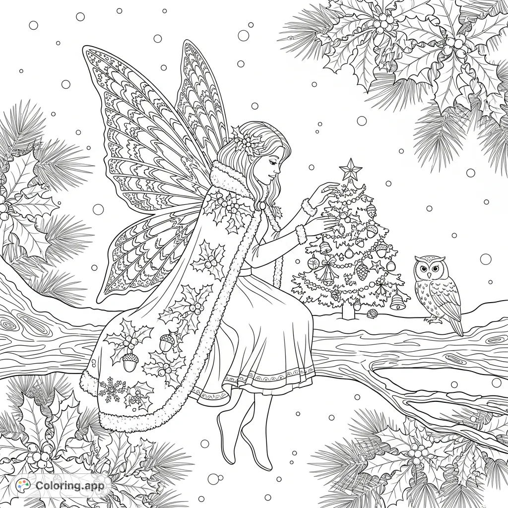 An enchanting winter fairy sits on a snowy branch, decorating a tiny woodland Christmas tree amidst falling snow, perfect for intricate coloring.