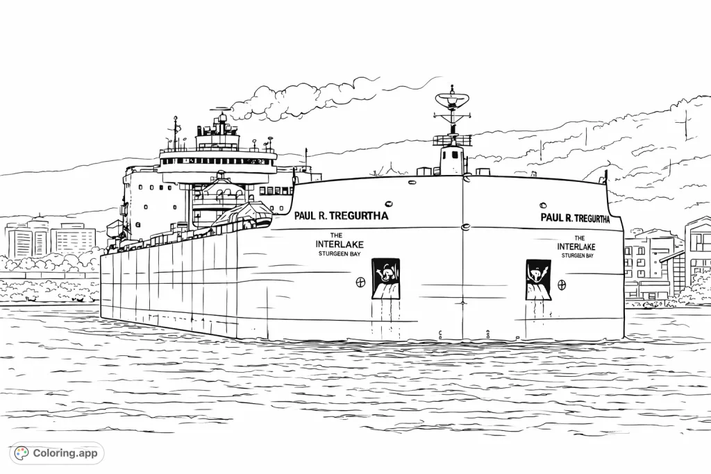 Color a powerful cargo ship traversing calm waters, featuring a detailed hull, intricate superstructure, and a scenic backdrop of distant hills and city structures.