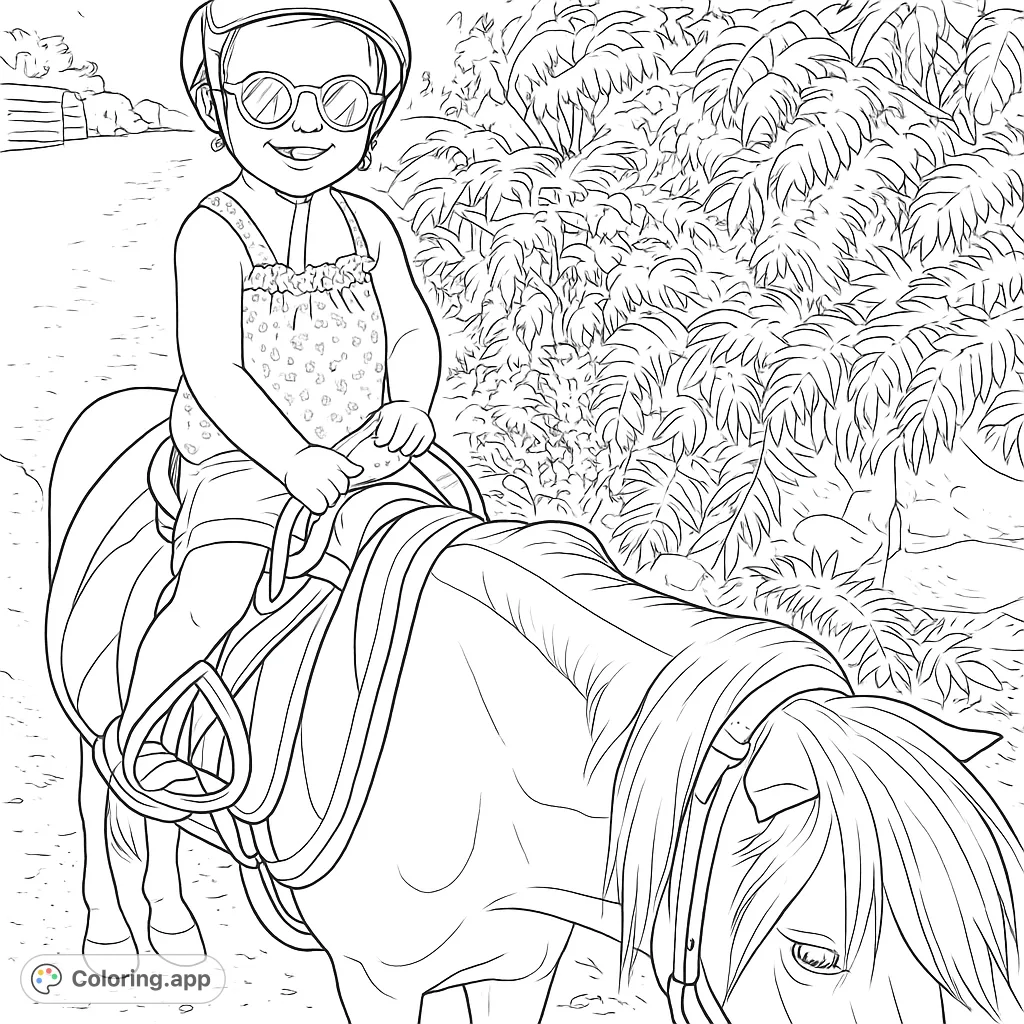 A charming pony adventure coloring page featuring a happy child in a helmet and heart-shaped glasses riding a pony amidst lush outdoor scenery.