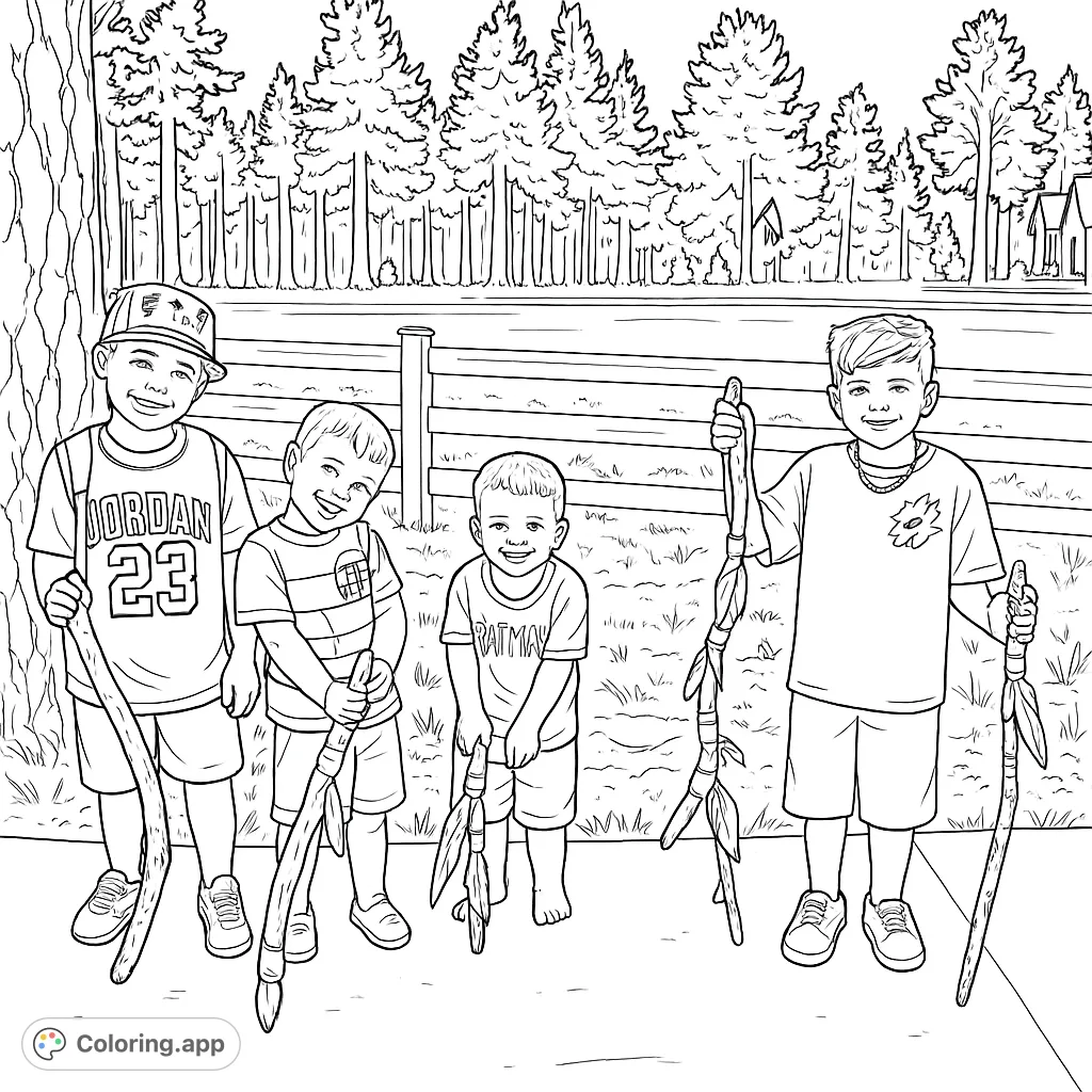 Four happy boys proudly display their unique, decorated adventure sticks against a backdrop of pine trees and a fence. A fun outdoor scene for creative coloring.