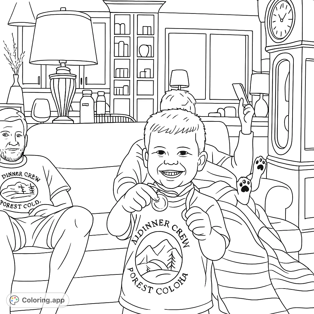 A happy boy proudly displays two medals he holds, capturing a moment of achievement and joy. Perfect for kids and families to color this heartwarming scene.