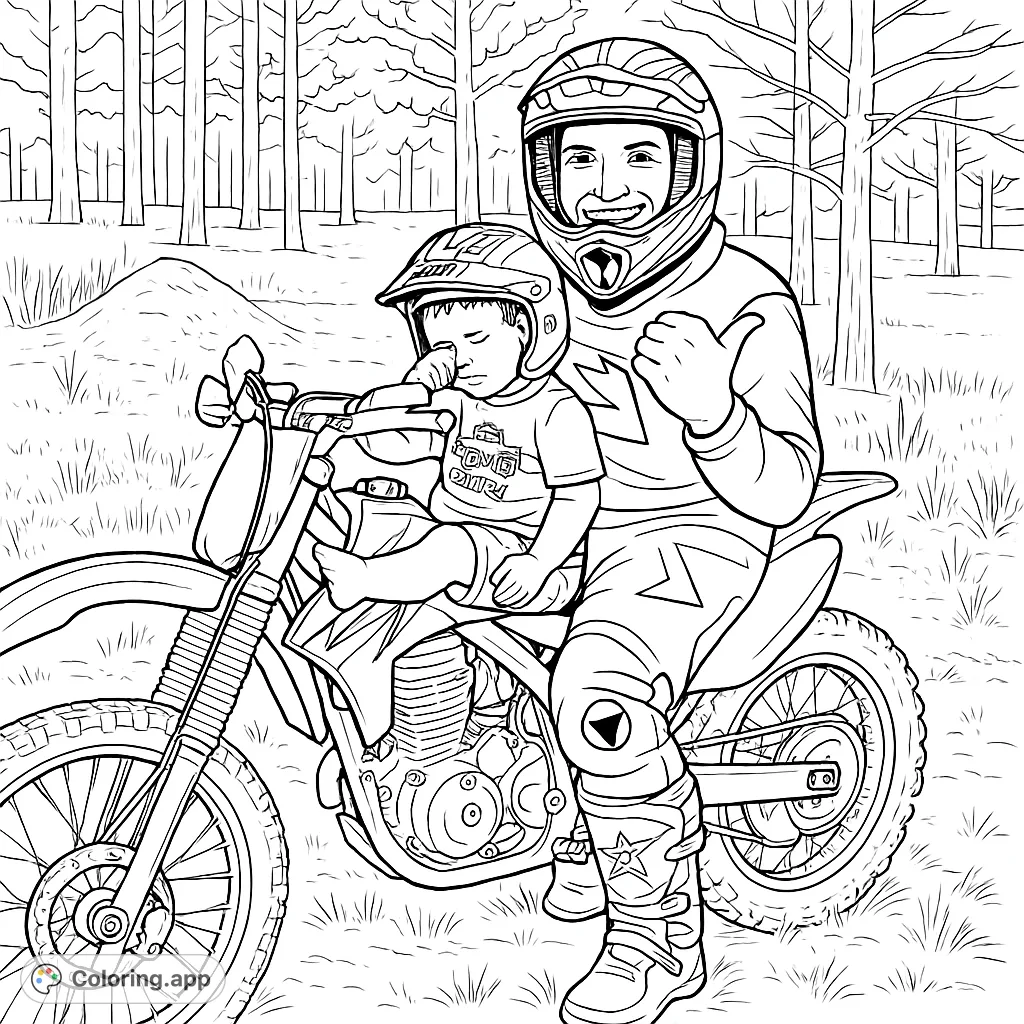 An exciting dirt bike coloring page featuring an adult and child enjoying an off-road adventure in a forest. Perfect for motor sports enthusiasts.