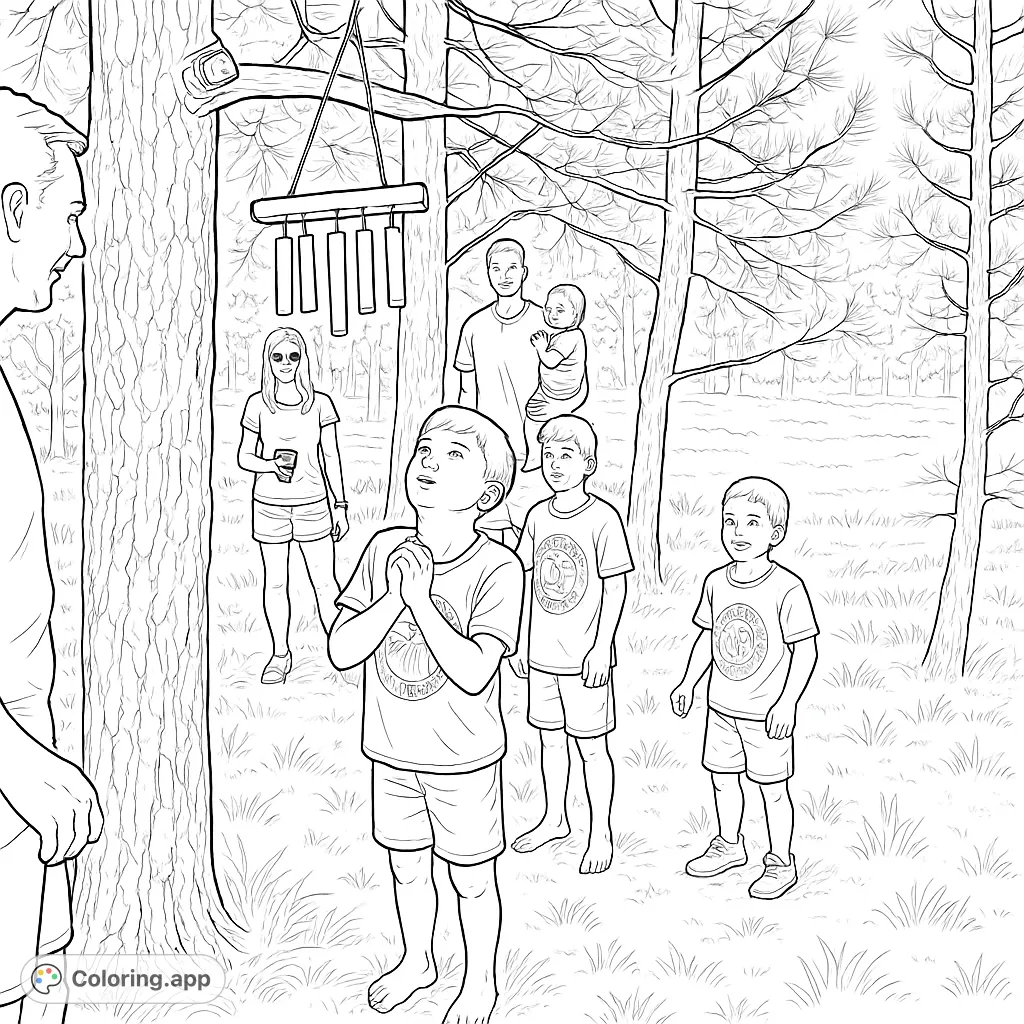 An engaging family coloring page set in a forest, featuring adults and children enjoying an outdoor game with a unique hanging structure.