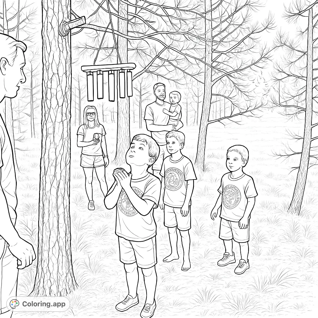 A family enjoys an engaging outdoor game in a serene forest clearing, with children eagerly looking up at a unique suspended object.
