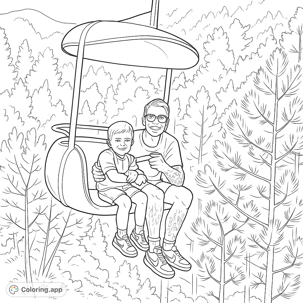 Capture the joy of an aerial gondola ride with an adult and child, suspended over a dense forest. A fun adventure scene for all ages to color!