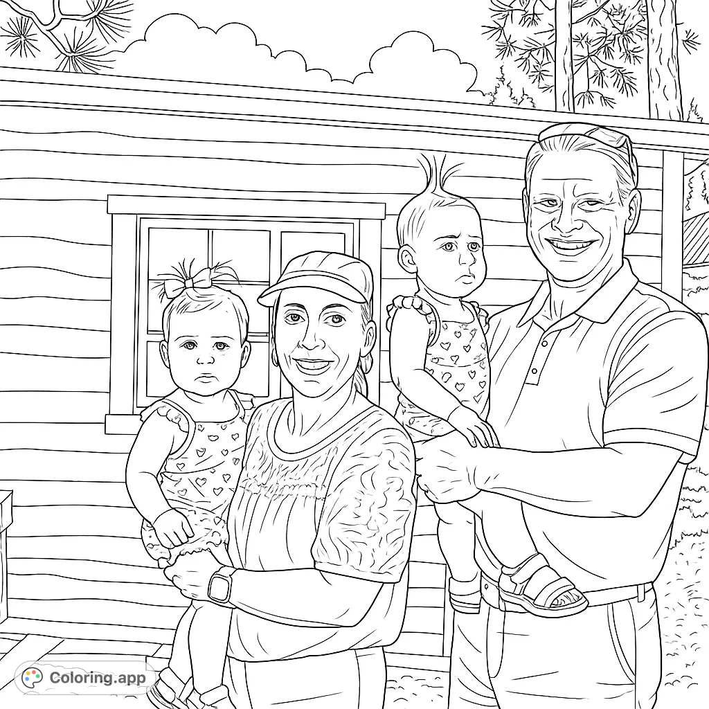 A cheerful family portrait featuring two adults and two smiling toddlers against a textured wooden building and trees, perfect for a heartwarming coloring experience.