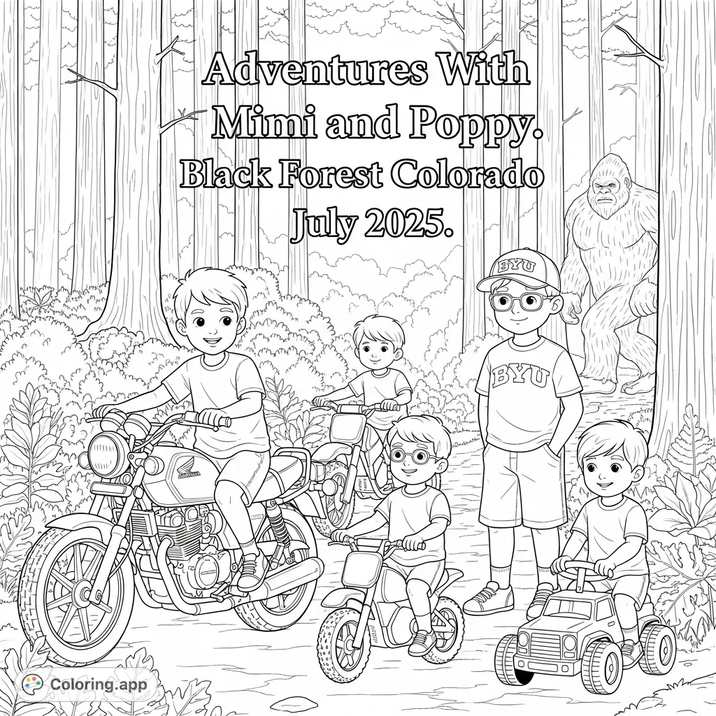Embark on a forest adventure with Mimi, Poppy, and four boys on motorcycles and a toy truck, featuring a surprise Bigfoot sighting in Black Forest, Colorado.