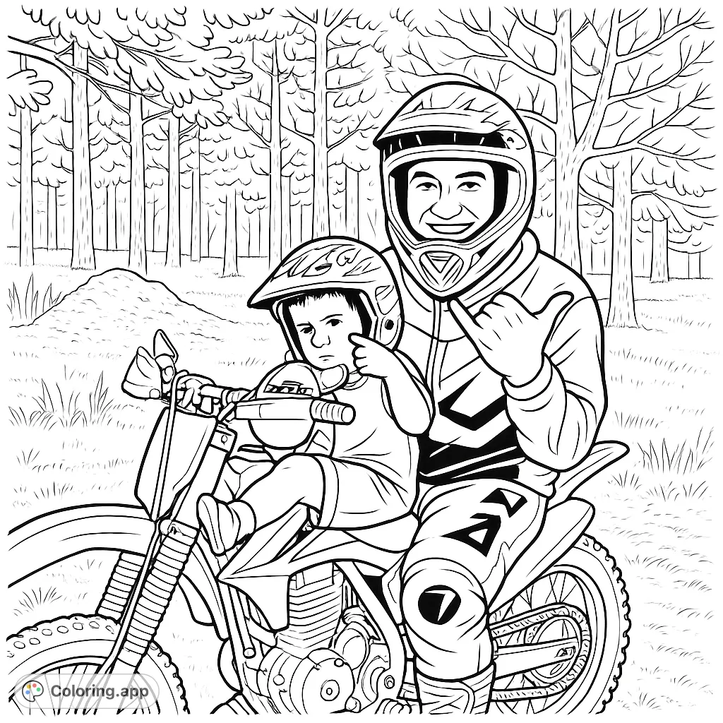 Capture the thrill of a father and child's off-road adventure on a dirt bike in a forest setting. Perfect for family fun and motor enthusiasts!