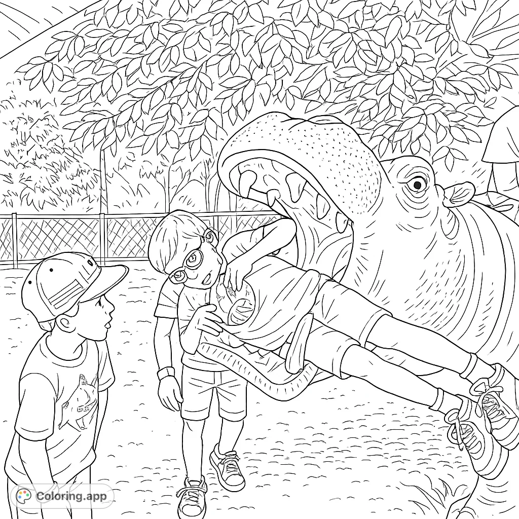 Engage with this fun hippo statue coloring page featuring kids in a playful pose, perfect for imaginative coloring and creativity!