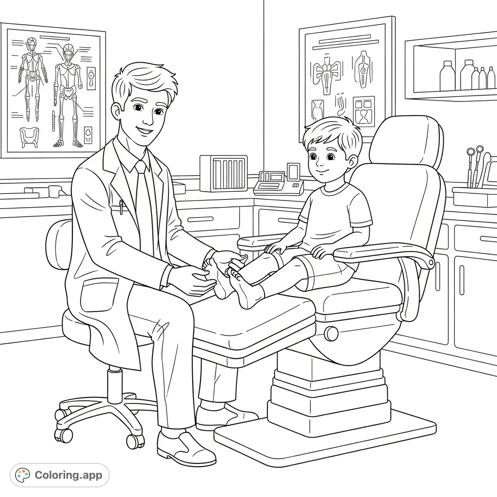 A heartwarming podiatrist coloring page featuring a young doctor examining a boy's foot in a detailed exam room, perfect for health education and fun.