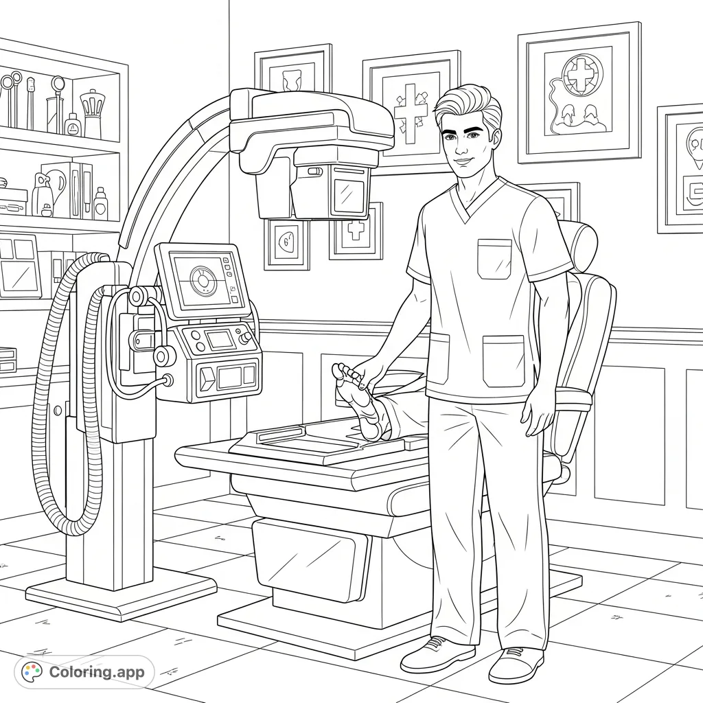 Explore a detailed podiatry office with a handsome doctor in scrubs performing a foot X-ray for a patient. A medical scene for learning and creative coloring.