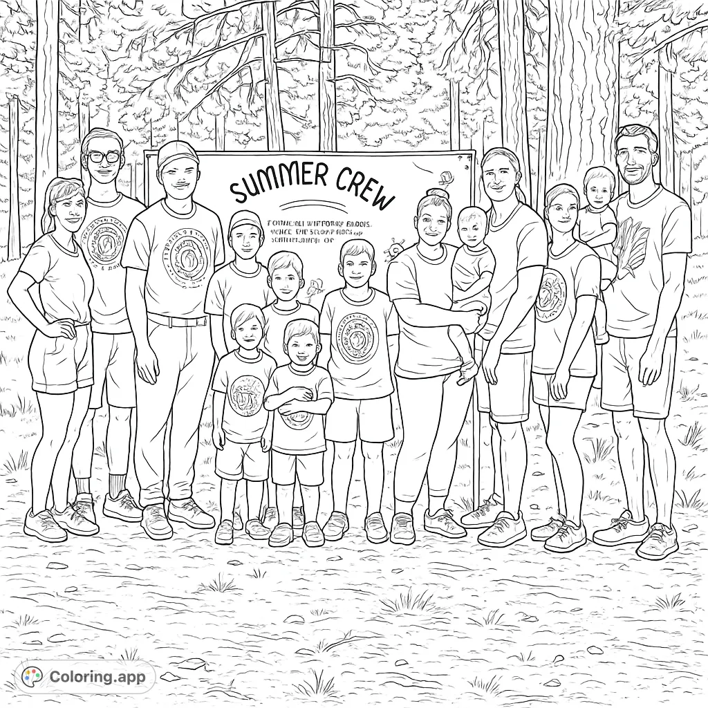 A cheerful family group poses outdoors in a forest, celebrating togetherness with a special banner and matching shirts. Perfect for a Summer Crew coloring page.