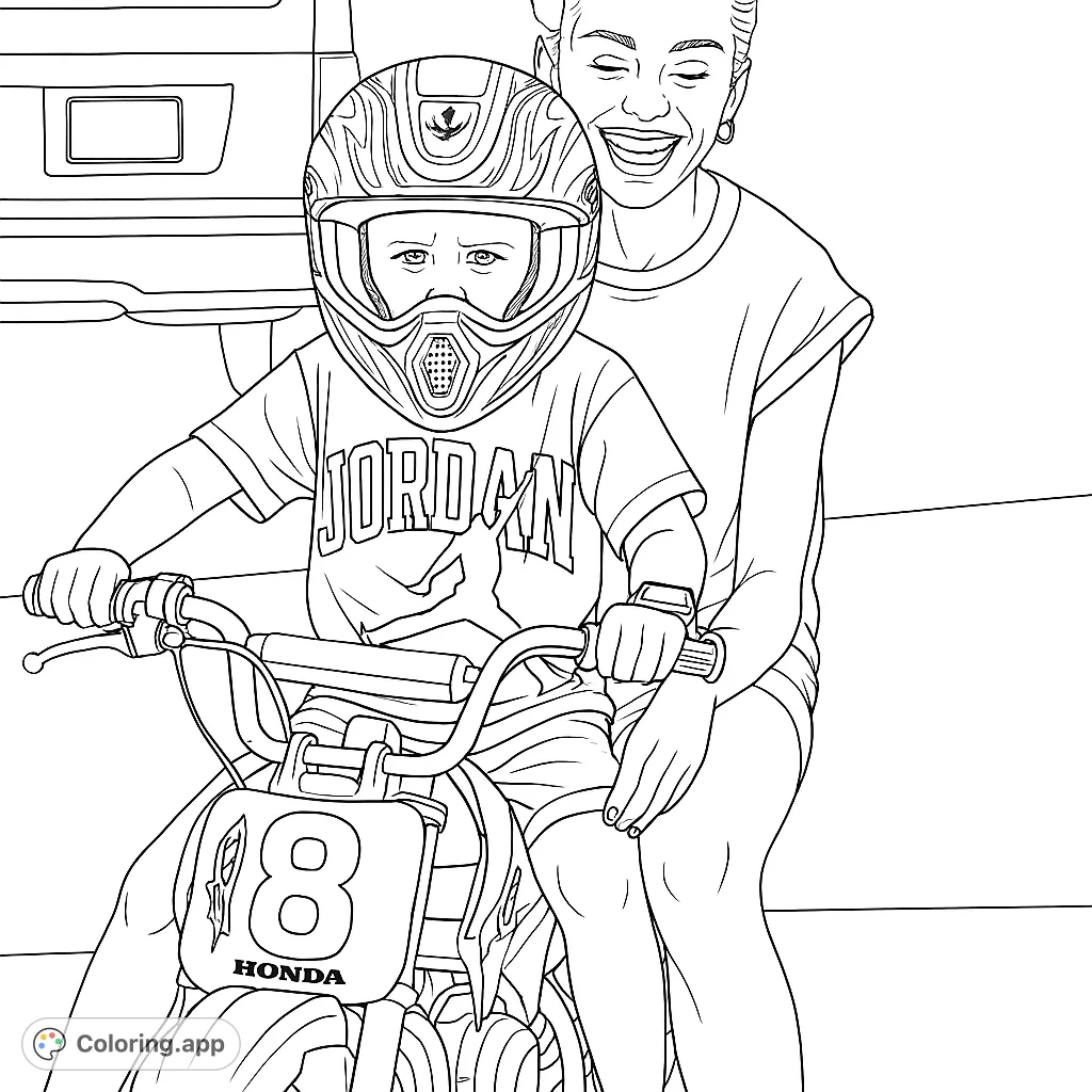 A joyful young rider in a helmet on a dirt bike, with an embracing adult, ready for an adventure. Perfect for motor sports enthusiasts and family fun.